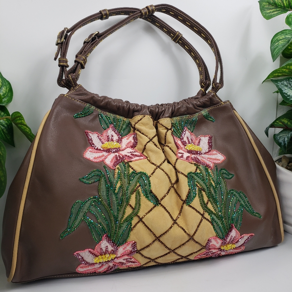 Isabella Fiore Brown Leather w/ Pink & Green Bead Flowers 14 x 10
